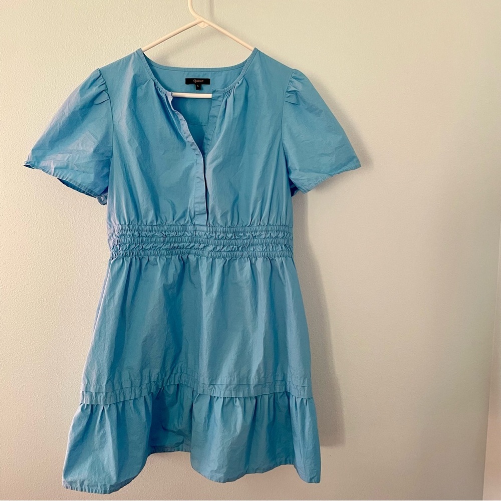 Quince Sky Blue Short Puff Sleeve Mini Dress - Picture 2 of 15